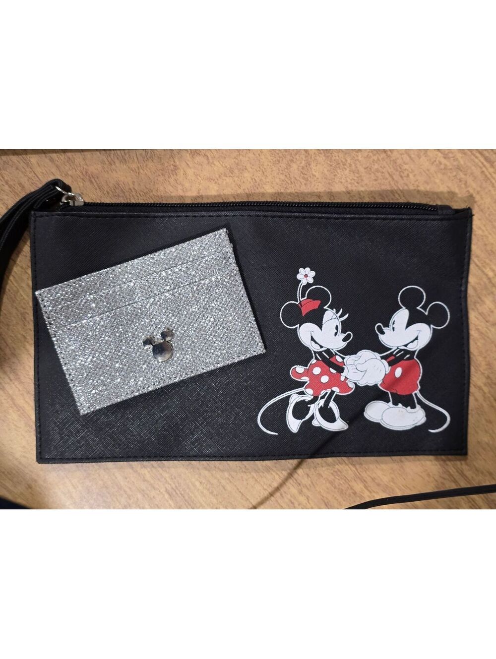 Disney Mickey and Minnie Mouse Black Wristlet Clutch with Silver Card Holder